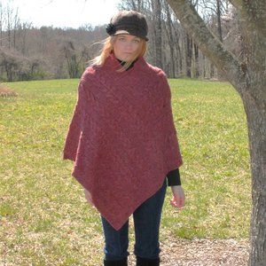 New Women's Cross Neck British Wool Poncho Berry (Made in England)